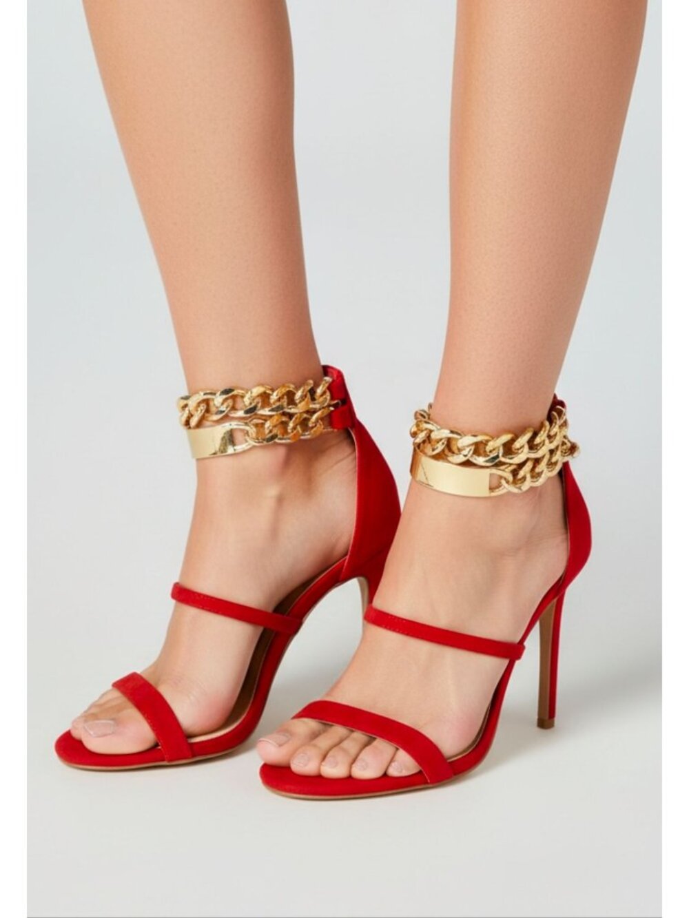 Red High Heel Sandals With Gold Chain Ankle Strap & Back Zipper Elegant Party Sh